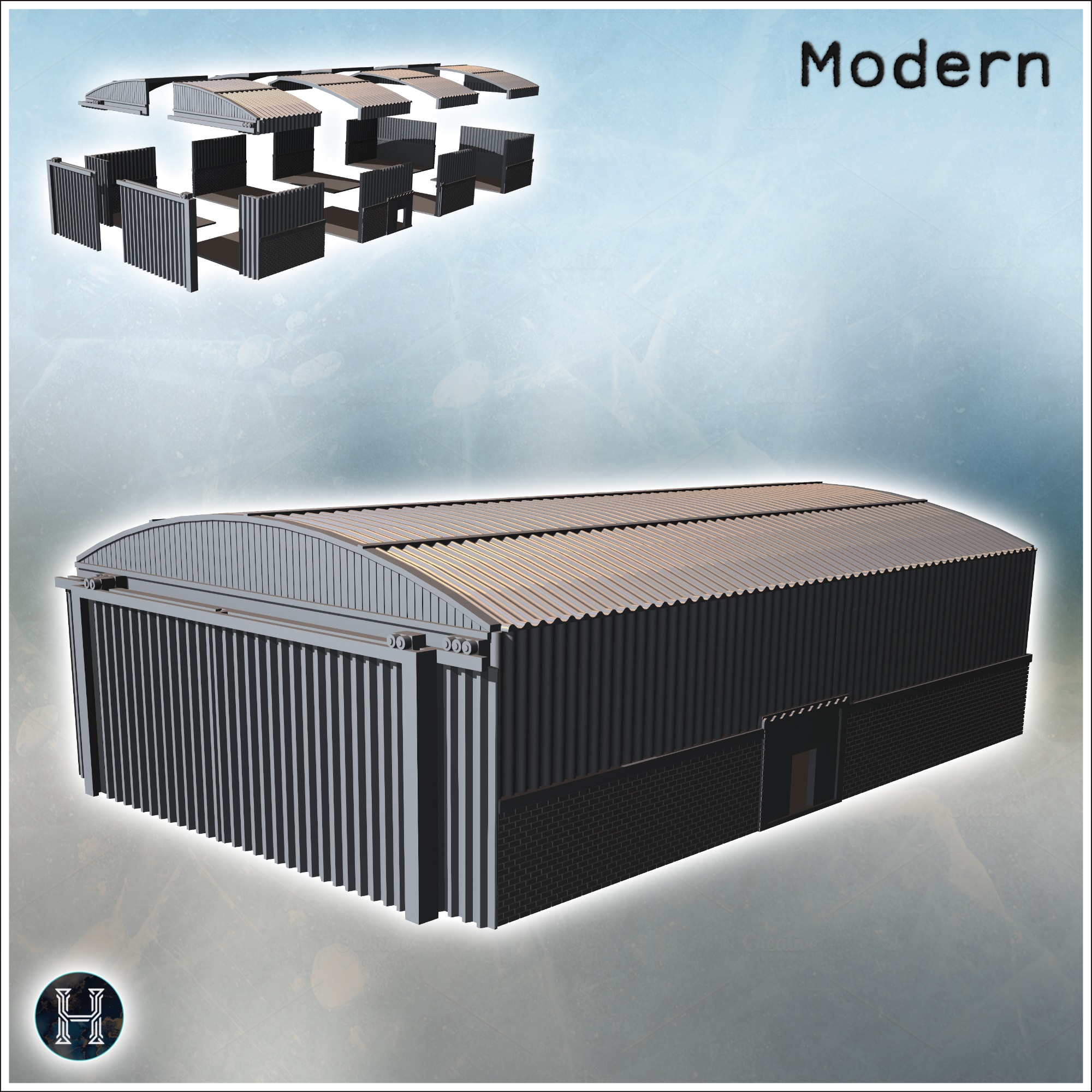 Large corrugated metal shed with sliding doors and brick base (1) - Modern WW2 WW1 World War Diaroma Wargaming RPG Mini Hobby